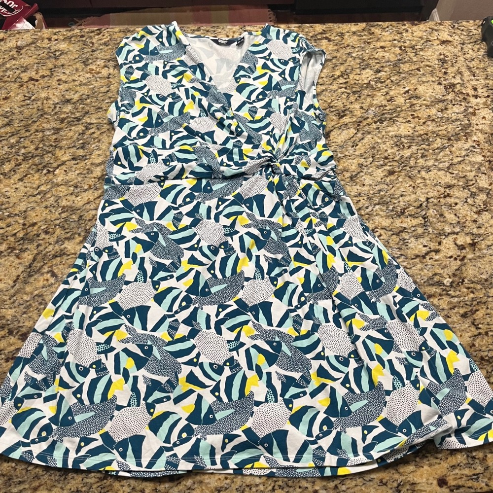 Lands End Womens XL 18 Petite Faux‎ Wrap Dressl ish Print Sleeveless V-Neck